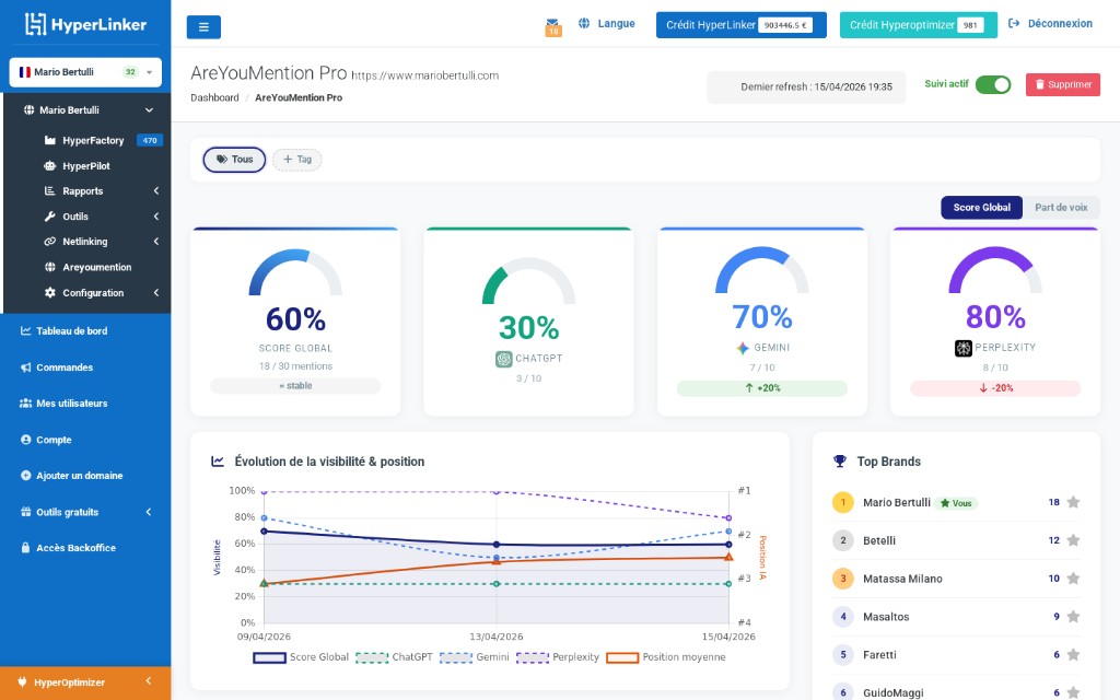 AreYouMention Pro dashboard: AI visibility scores (ChatGPT, Gemini, Perplexity), trend chart and Top Brands.